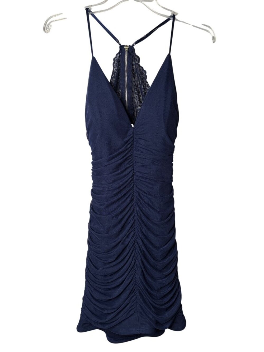 Honey and Rosie Ruched Mini Bodycon Dress M Royal Blue Mesh Lined Lace Open Back